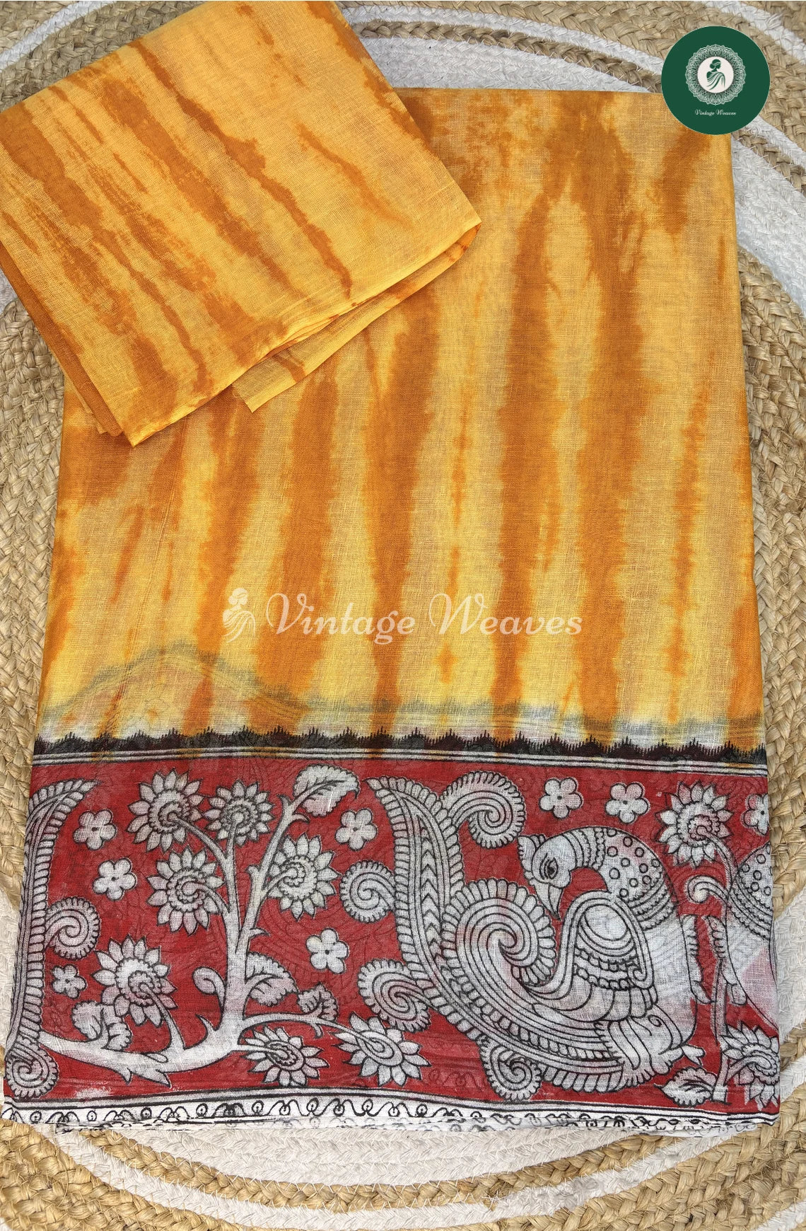 LightWeight Shibori Peacock Cotton Saree-Yellow