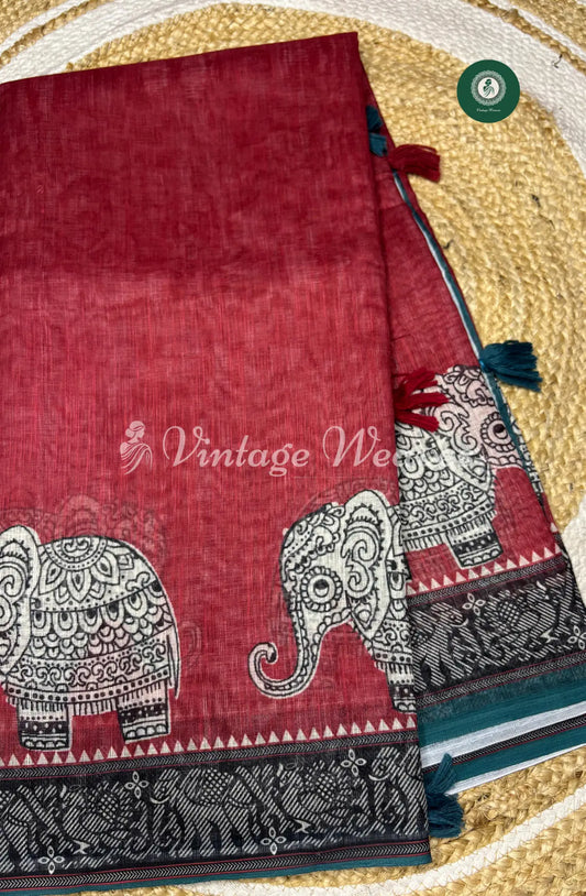 Linen Saree With Elephant Print-Red