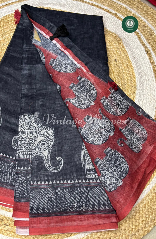 Linen Saree With Elephant Print-Black