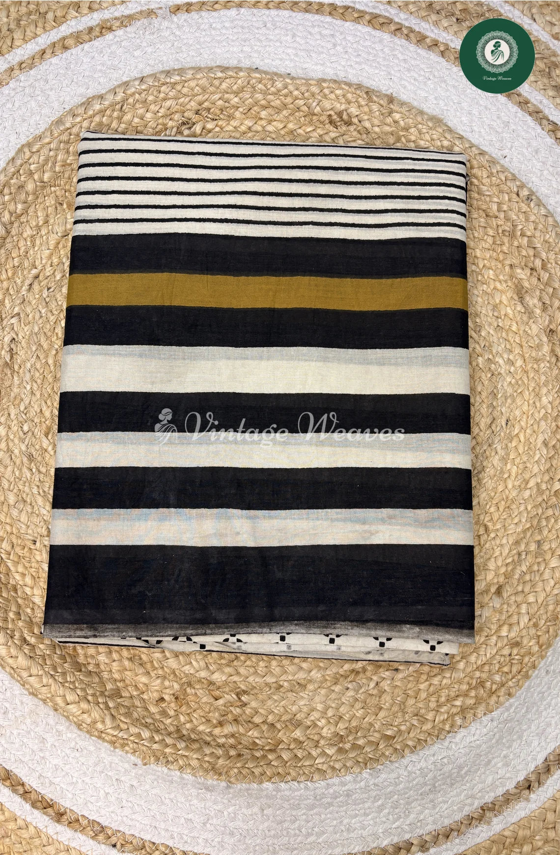 Lines HandBlock Printed Mul Cotton Saree-Black