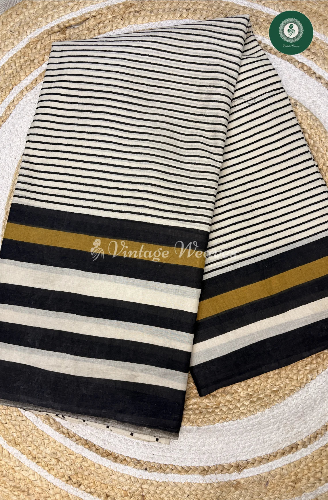 Lines HandBlock Printed Mul Cotton Saree-Black