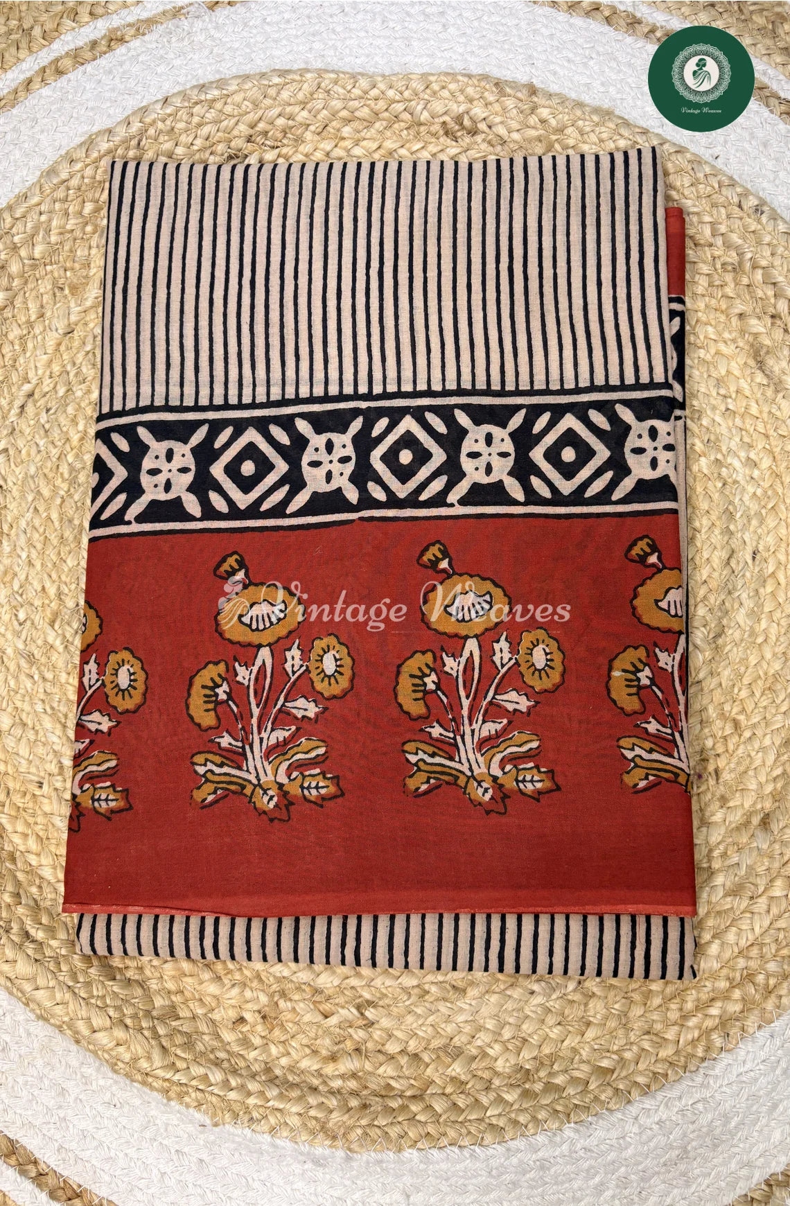 Lines HandBlock Printed Mul Cotton Saree with Flower Border