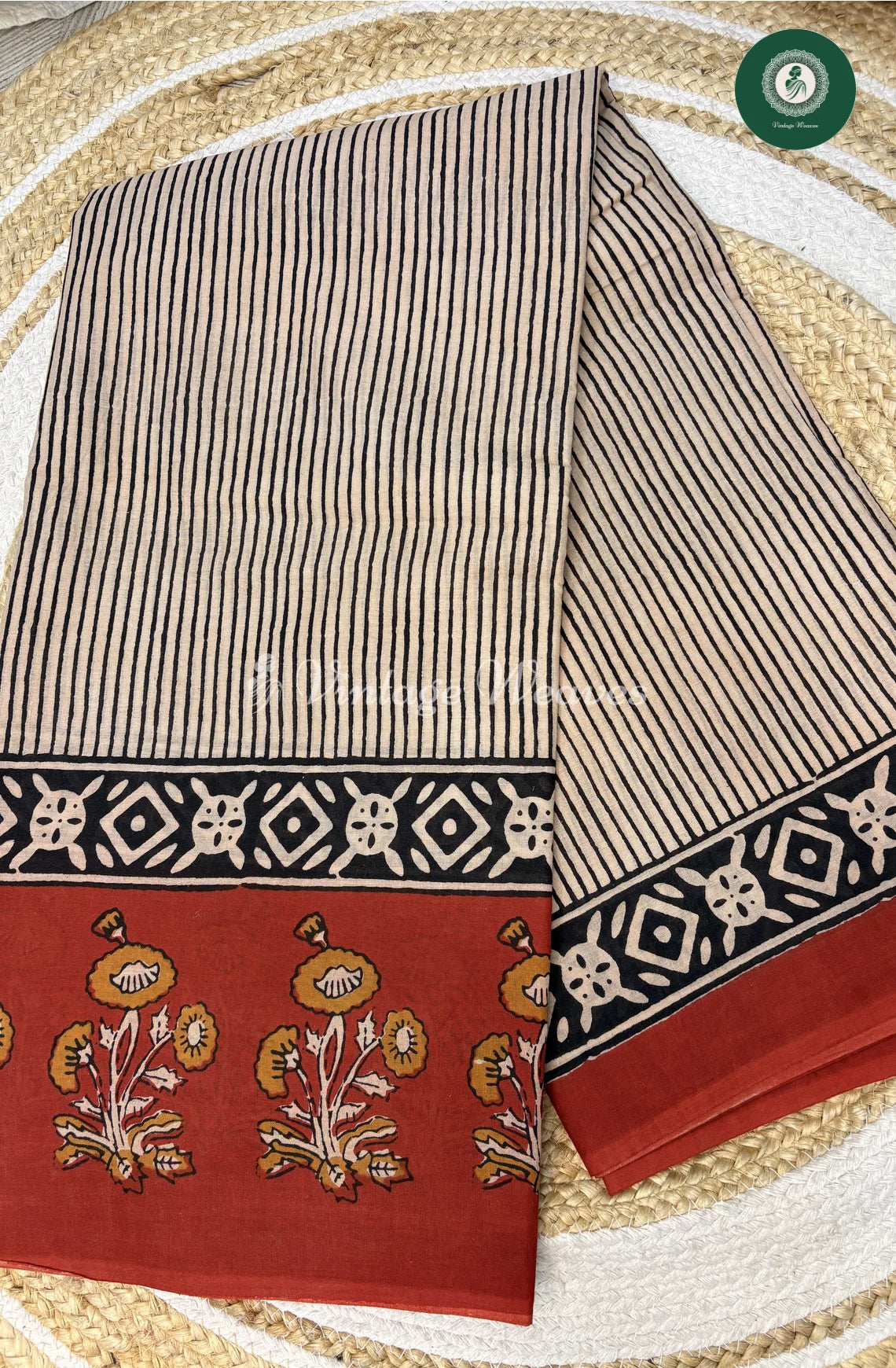 Lines HandBlock Printed Mul Cotton Saree with Flower Border