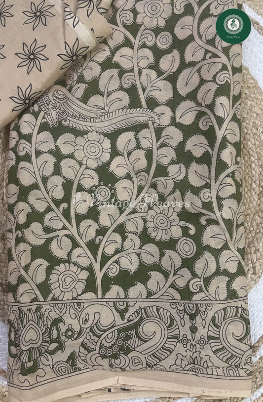 Malai Cotton Foral Kalamkari Printed Saree-Green
