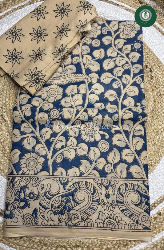 Malai Cotton Leaf Kalamkari Printed Saree-Blue
