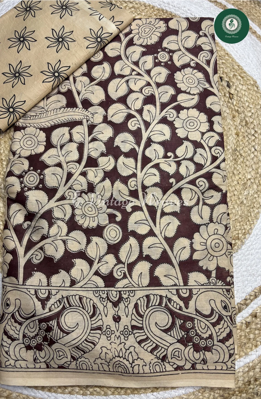 Malai Cotton Leaf Kalamkari Printed Saree-Marron