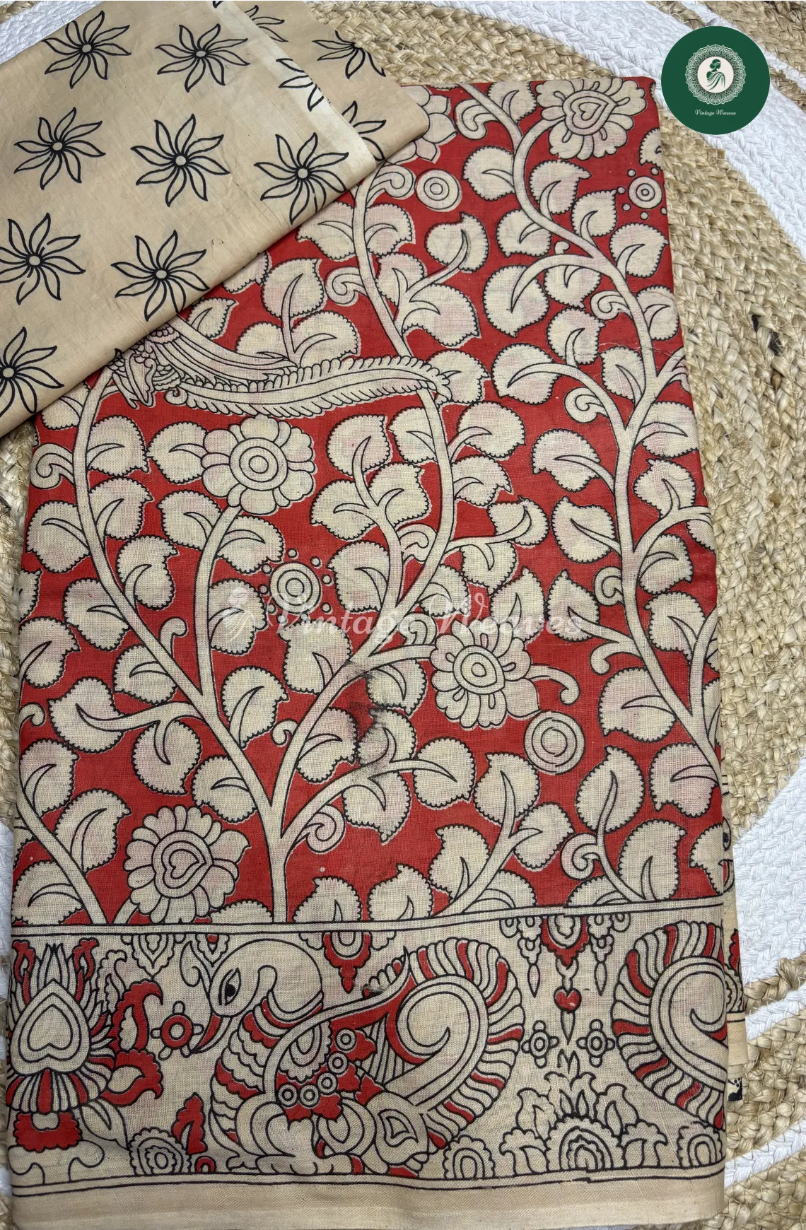 Malai Cotton Leaf Kalamkari Printed Saree-Red