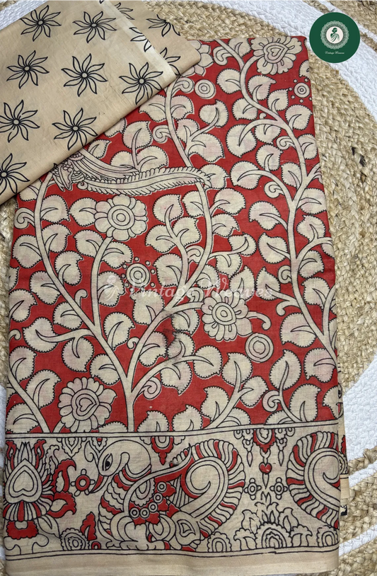Malai Cotton Leaf Kalamkari Printed Saree-Red