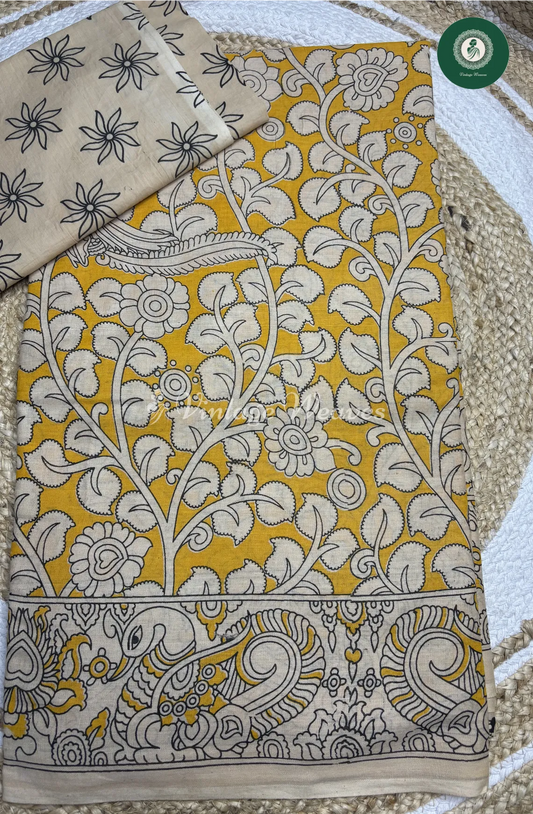 Malai Cotton Leaf Kalamkari Printed Saree-Yellow