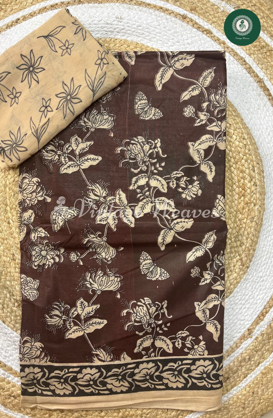 Malai Cotton Saree With Floral Body And Floral Border-Marron