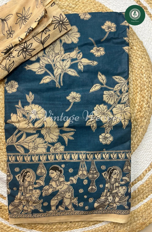 Malai Cotton Saree With Floral Body And Kalamkari Border-Blue
