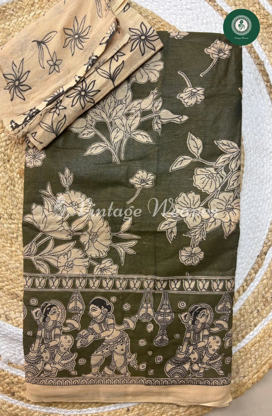 Malai Cotton Saree With Floral Body And Kalamkari Border-Green