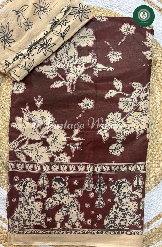 Malai Cotton Saree With Floral Body And Kalamkari Border-Marron