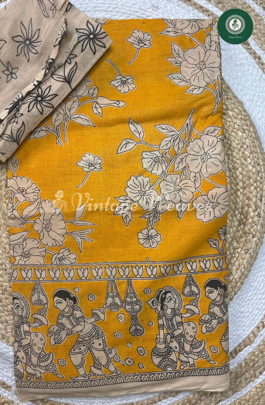 Malai Cotton Saree With Floral Body And Kalamkari Border-Yellow