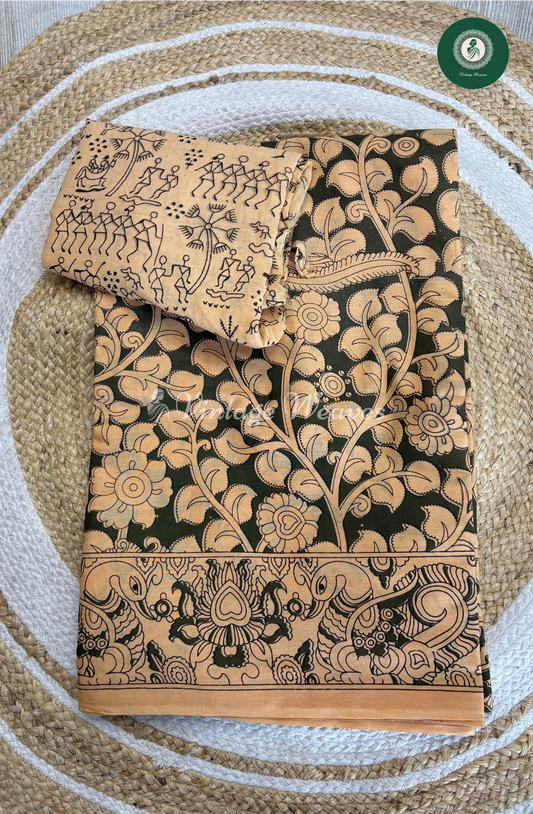 Malai Cotton Saree With Peacock-Green