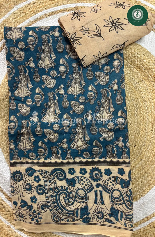 Malai Cotton Foral Kalamkari Printed Saree-Blue
