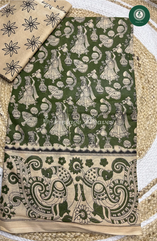 Malai Cotton Veena Kalamkari Printed Saree-Green