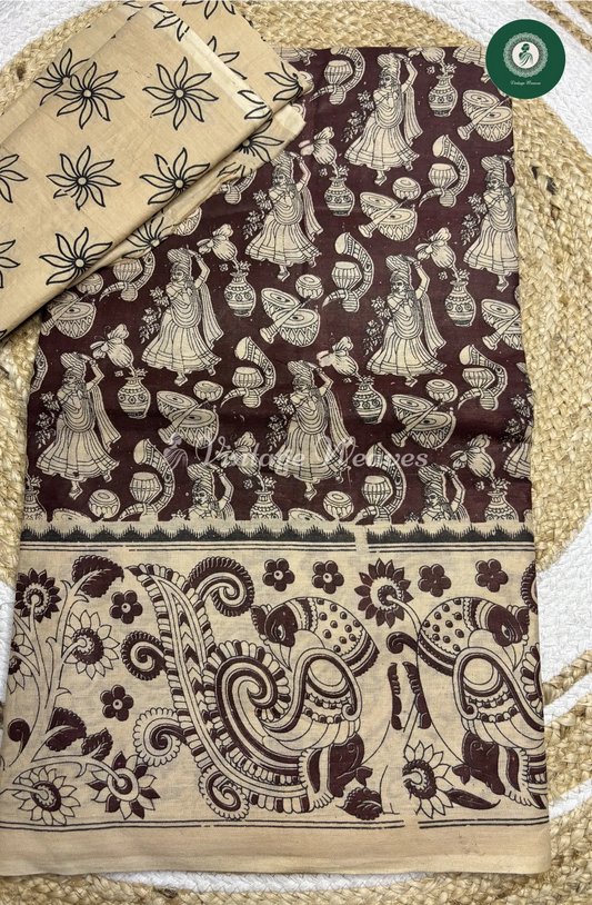 Malai Cotton Veena Kalamkari Printed Saree-Marron