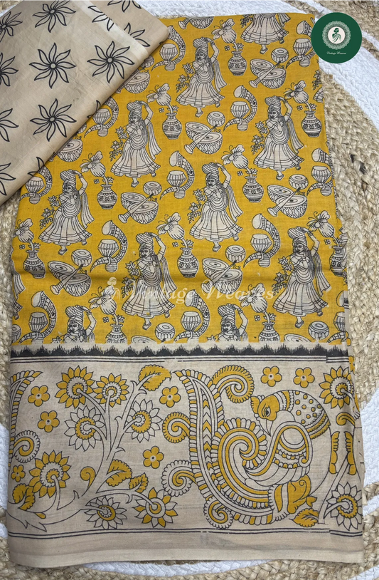 Malai Cotton Veena Kalamkari Printed Saree-Yellow