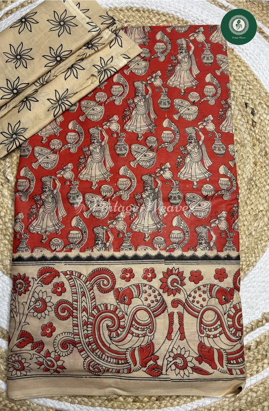 Malai Cotton Venna Kalamkari Printed Saree-Red