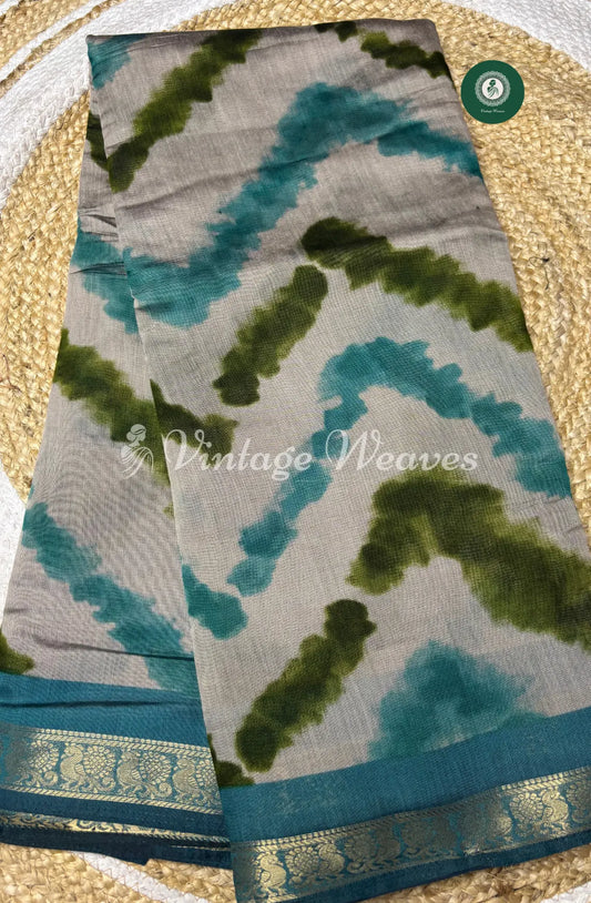 Mangalagiri Silk Saree With Peacock Design ZigZag-Sky Blue