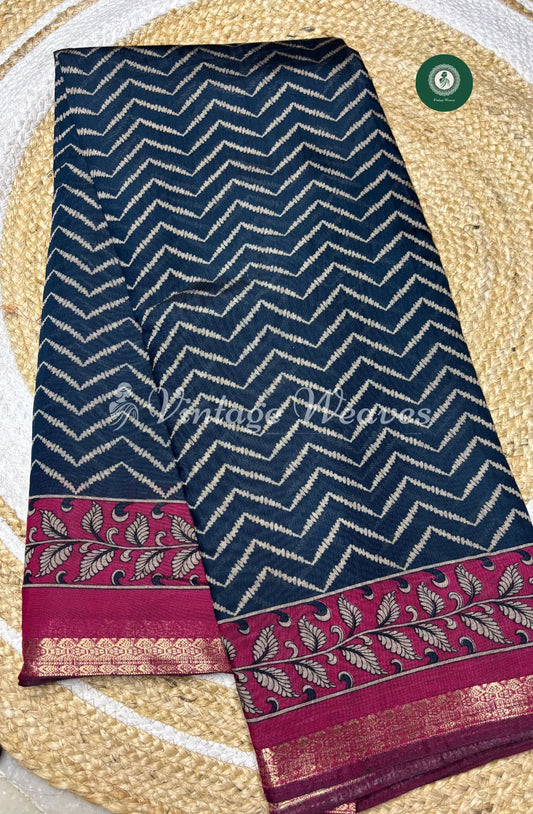 Mangalagiri Silk Saree With Zigzag Body With Zari Border-Blue