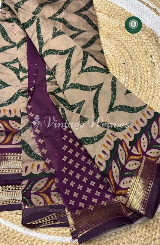 Mangalagiri Silk Saree With Zigzag Body With Zari Border-Cream