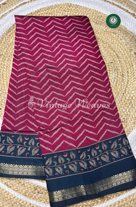 Mangalagiri Silk Saree With Zigzag Body With Zari Border-Pink