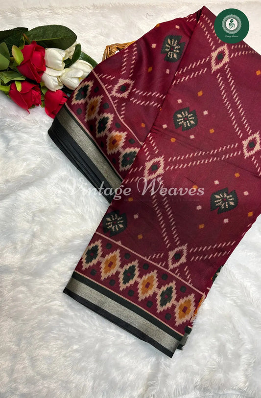 Mangalakiri Maroon Ikkat Silk Saree with Green border