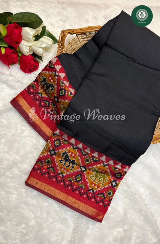 Mangalakiri Silk Black Saree With Red Ikkat Border