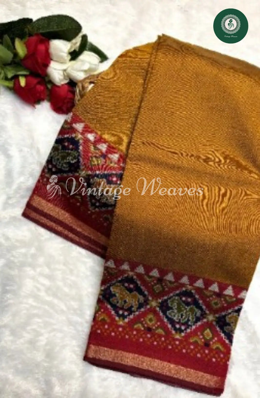 Mangalakiri Silk Mustard Saree With Blue Ikkat Border