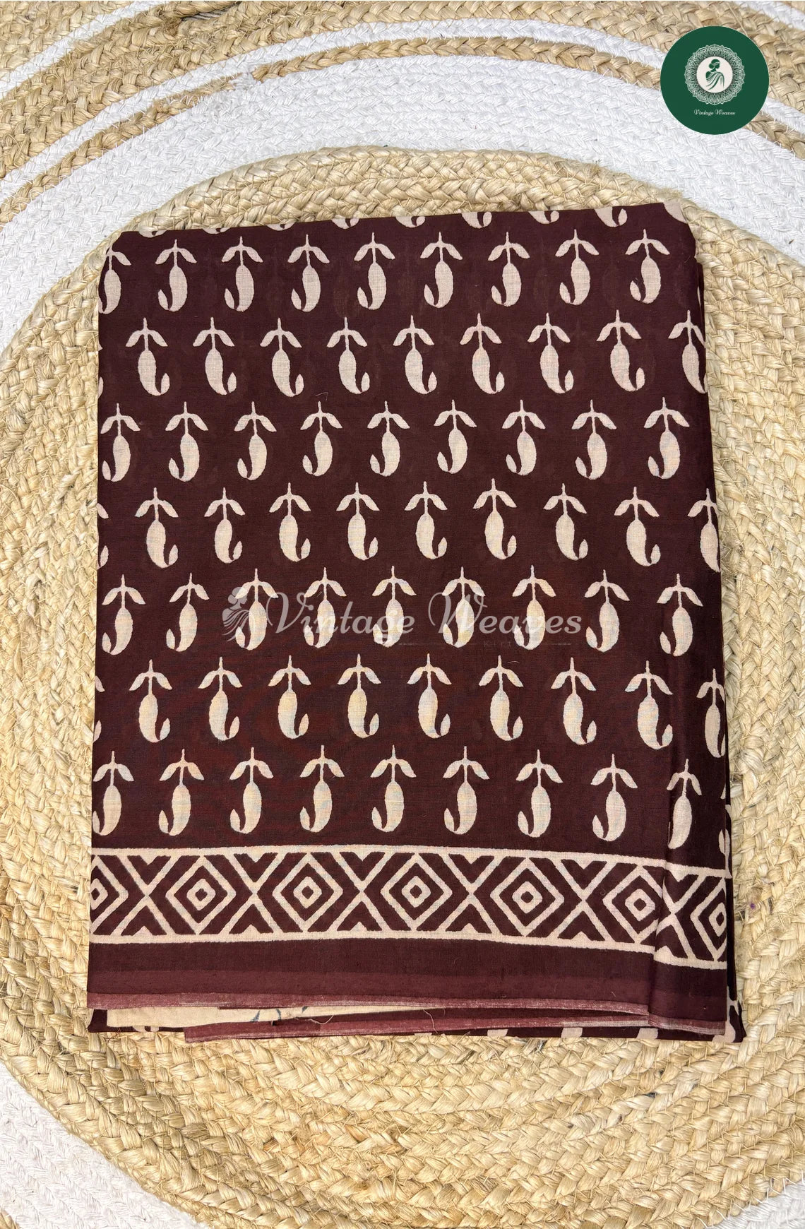 Mango HandBlock Printed Mul Cotton Saree -Marron