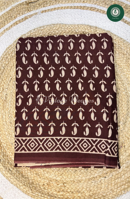 Mango HandBlock Printed Mul Cotton Saree -Marron