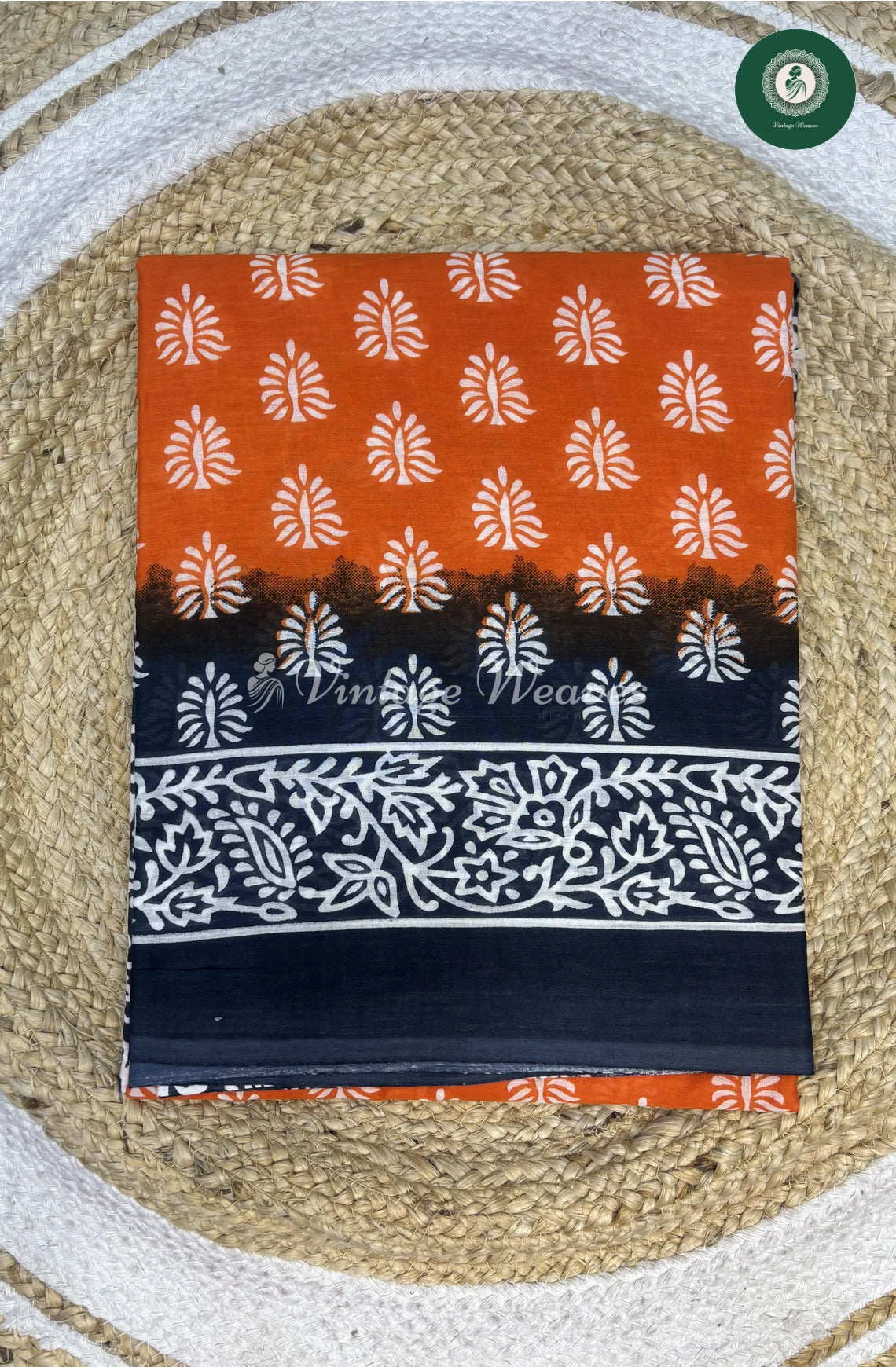 Mild Orange With Blue print Mulcotton Saree
