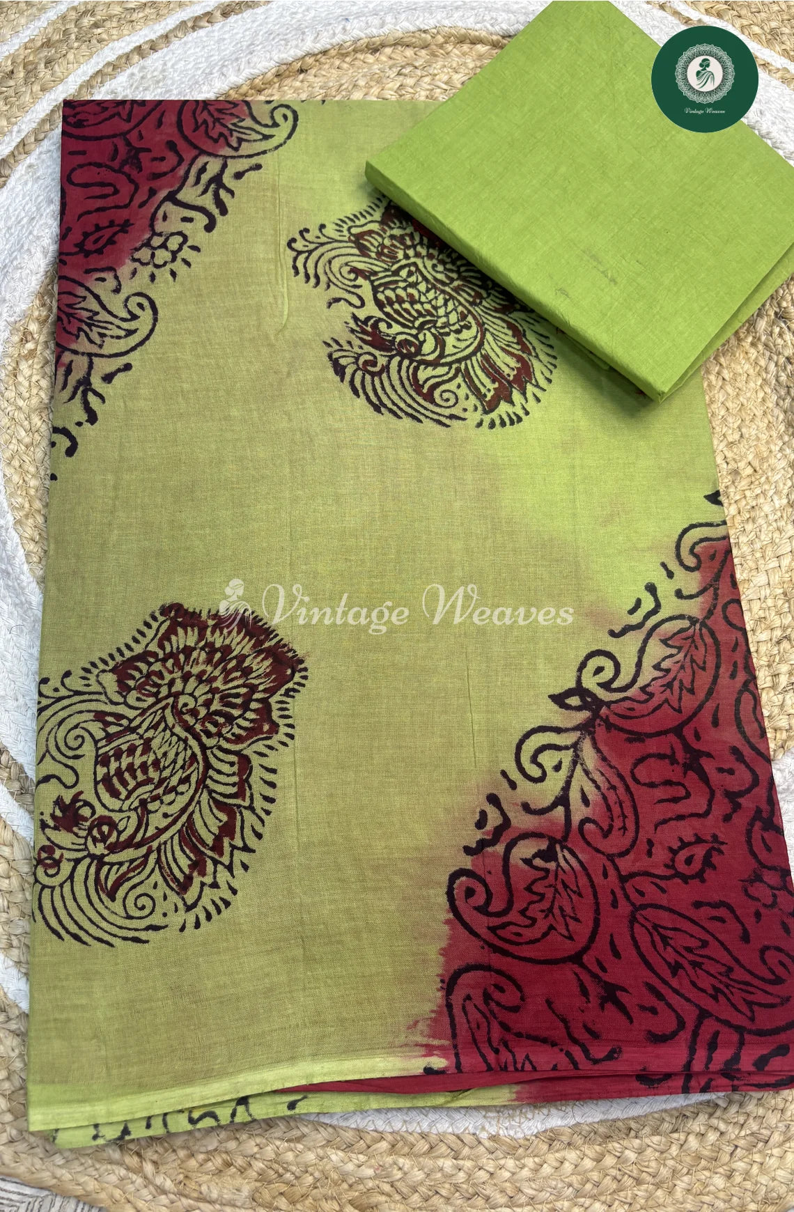 Moonga Cotton Saree-Lightgreen With Marron