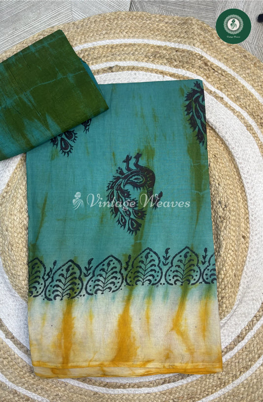 Moonga Cotton Saree With Shibori Print-Blue
