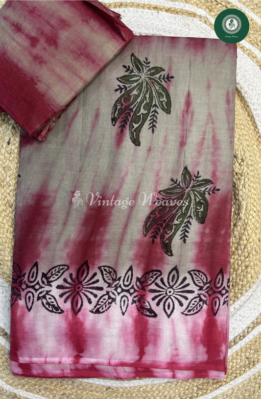 Moonga Cotton Saree With Shibori Print-Grey