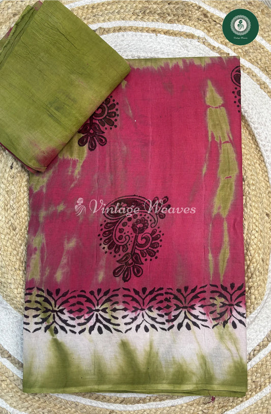 Moonga Cotton Saree With Shibori Print-Pink_1
