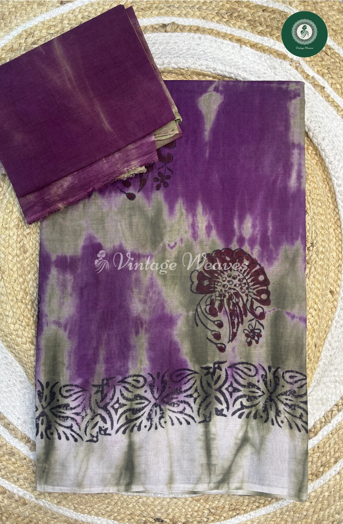 Moonga Cotton Saree With Shibori Print-Purple