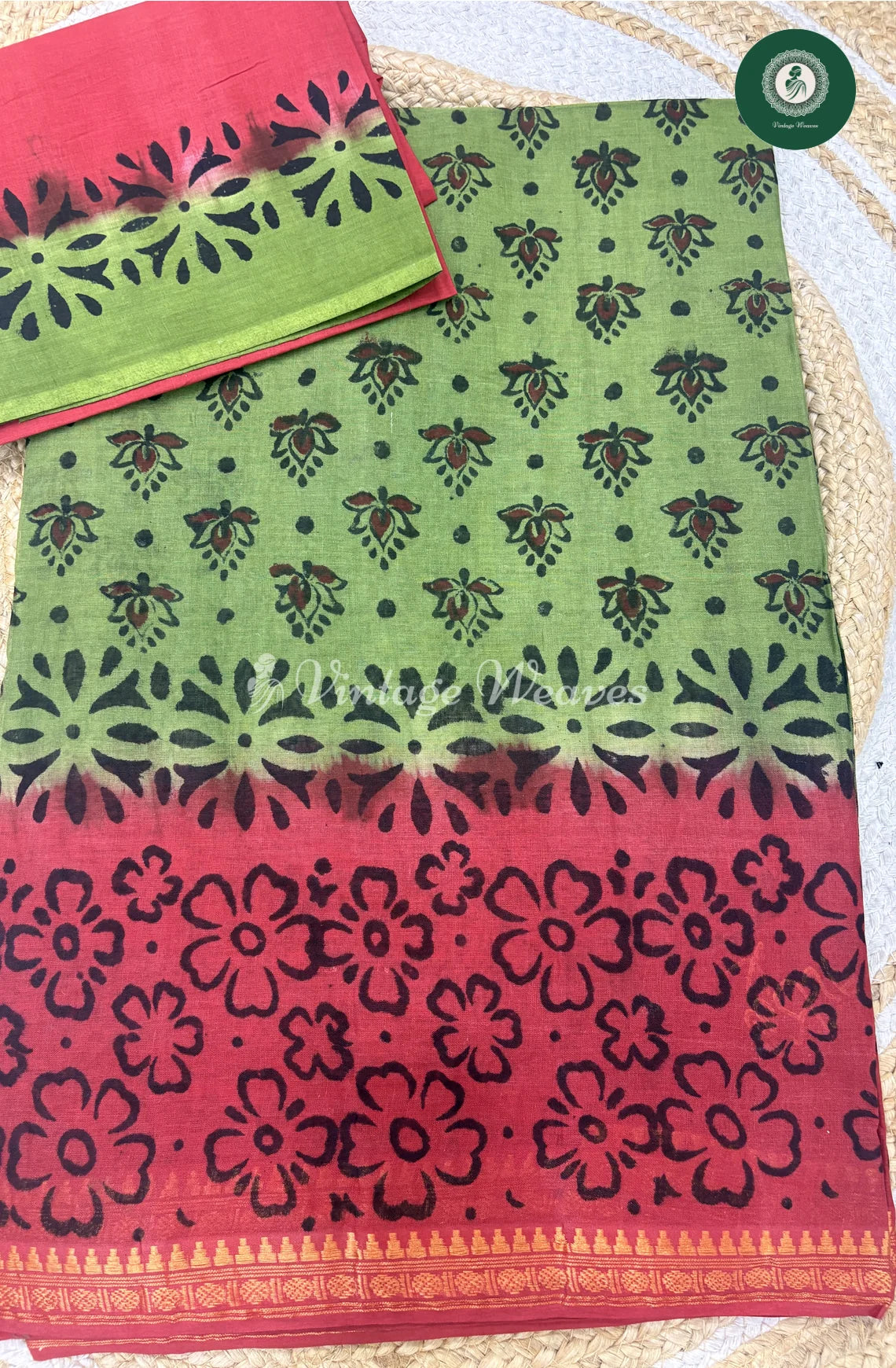 Moonga Cotton With ZariBorder-GreenwithPink