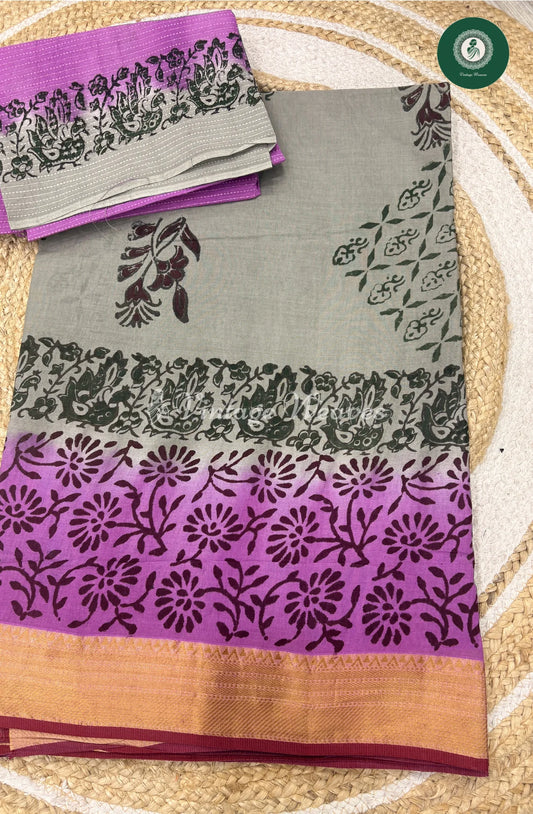 Moonga Cotton With ZariBorder -GreywithPink