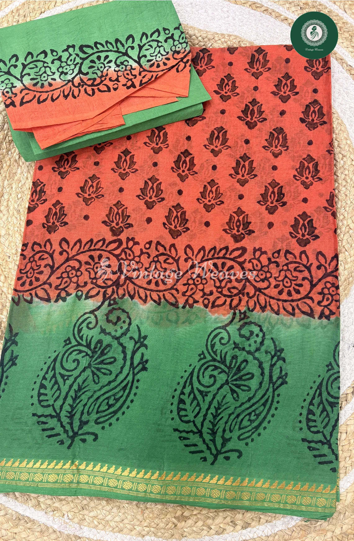 Moonga Cotton With ZariBorder-OrangewithGreen
