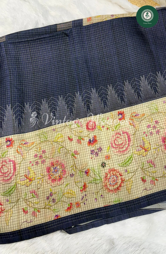 Moonga Tusser Saree with Floral Border-Blue