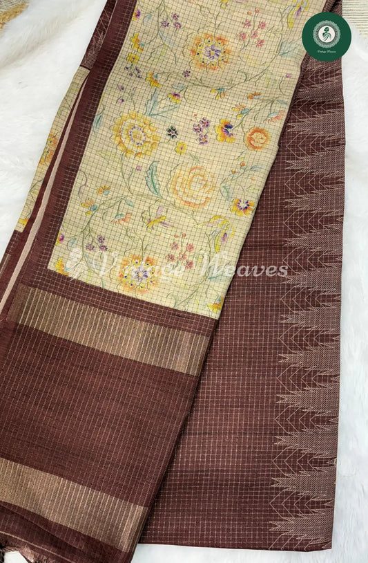 Moonga Tusser Saree with Floral Border-Brown