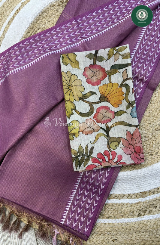 Muga Tissue Silk Saree With Kalamkari Blouse-Lavnender