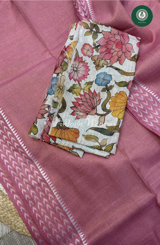 Muga Tissue Silk Saree With Kalamkari Blouse-PastelPink