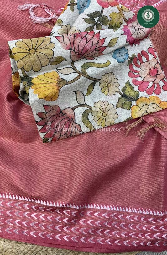 Muga Tissue Silk Saree With Kalamkari Blouse-Pink