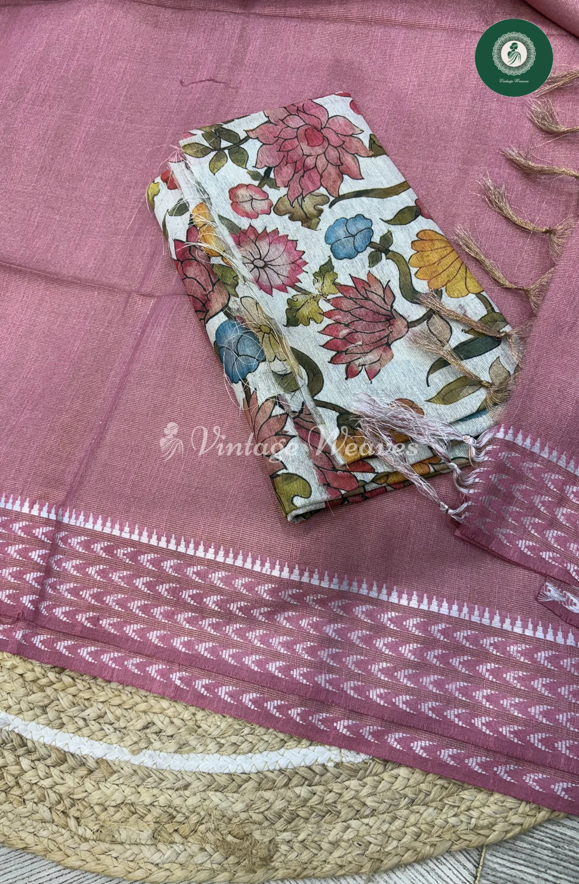 Muga Tissue Silk Saree With Kalamkari Blouse-PastelPink