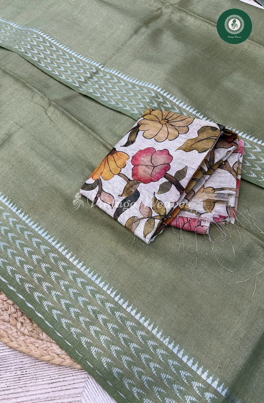 Muga Tissue Silk Saree With Kalamkari Blouse-Green