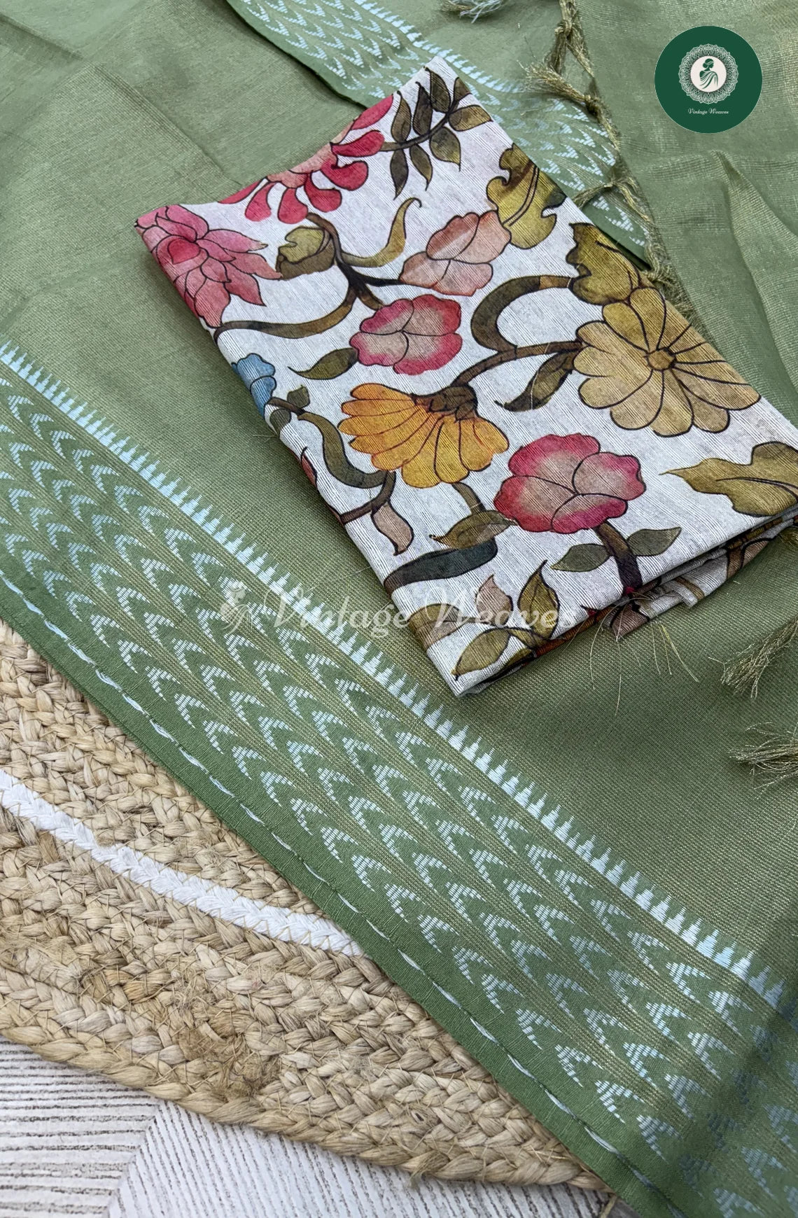 Muga Tissue Silk Saree With Kalamkari Blouse-Green